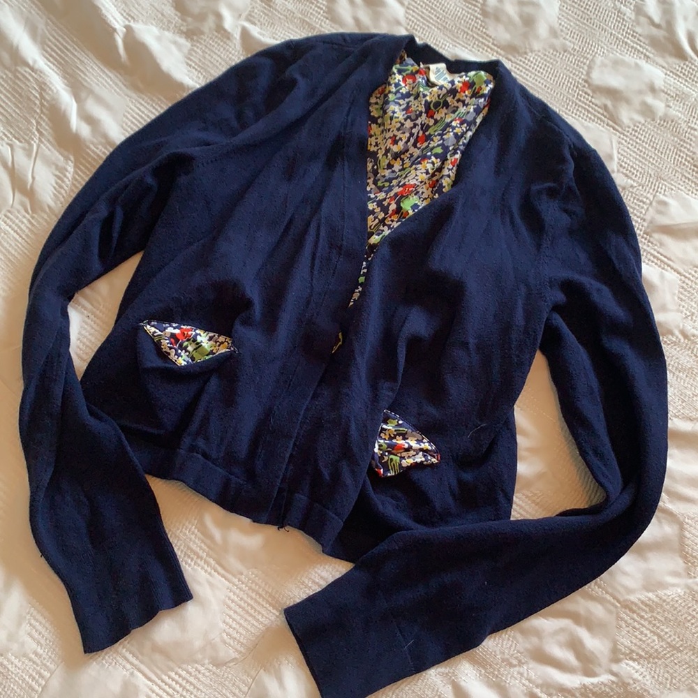 HWR Monogram Anthropologie Cropped Medium Navy Blue Open Front Cardigan